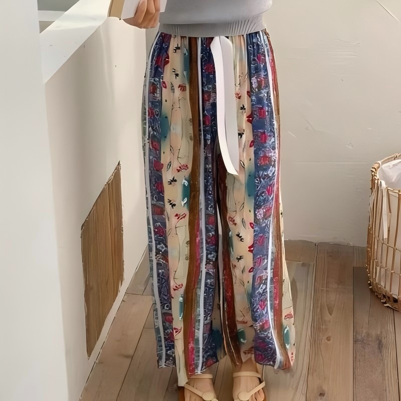 [Spot Clear] Nuevos pantalones anchos chinos de seda de algodón, pantalones de pijama perezosos de cintura alta rectos sueltos de primavera y verano para mujer