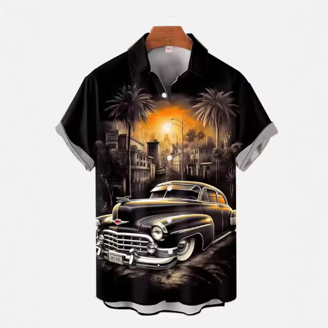 1970S-1980S Retro Car Poster Hawaiian Beach Cowboy Print Short-Sleeved Men's Shirt 1970S-1980S Retro Car Poster Hawaiian Beach Cowboy Print Short-Sleeved Men's Shirt