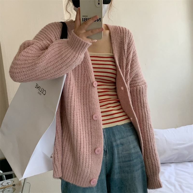 (2개) 부드러운 우유 파란색 두꺼운 중간 길이 니트 가디건 여성 신작 가을, 겨울 느슨한 게으른 V 넥 두꺼운 니트 스웨터 재킷