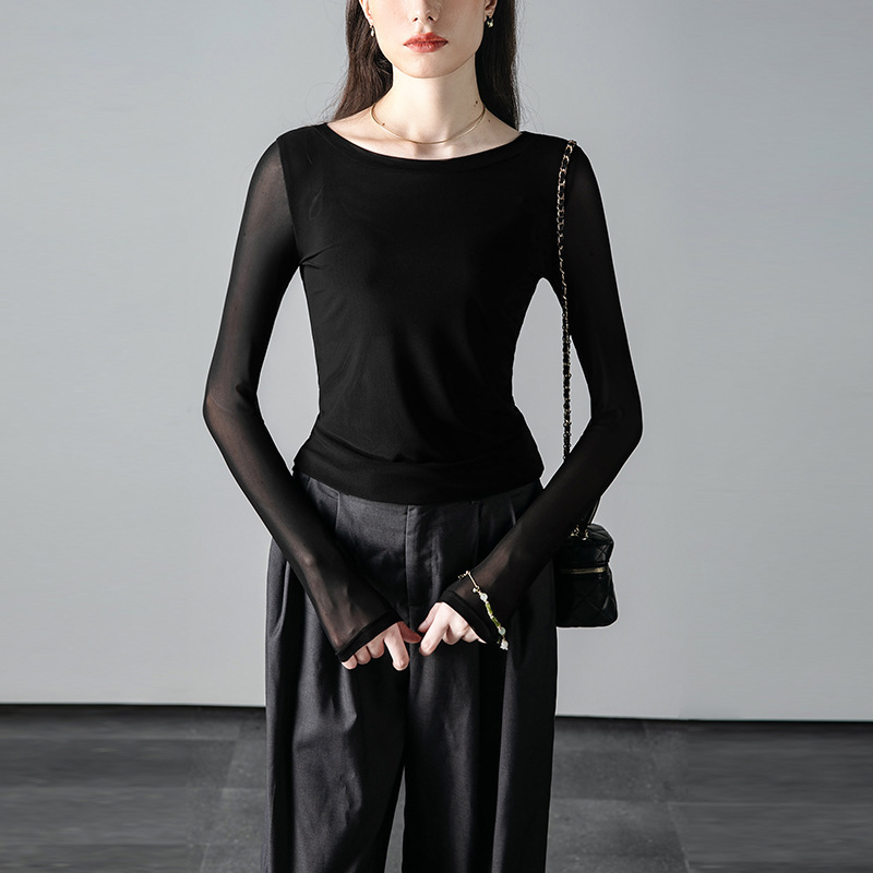 Women's Spring and Autumn New Base Shirt Long-sleeved Black Lace Slim-fit European and American Shirt