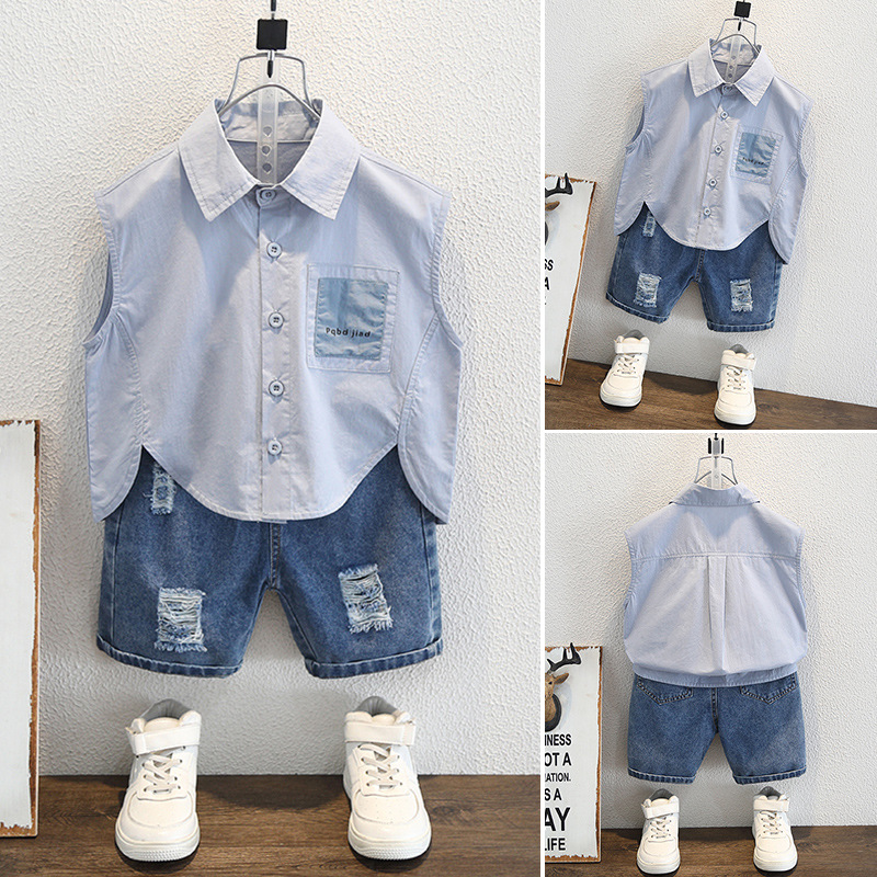 7939 camisas para niños verano nuevo estilo para niños bolsillos sueltos camisa sin mangas azul chaleco casual para niños de moda