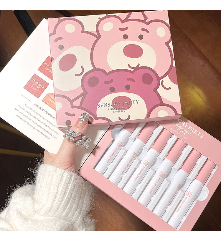 Sensory Party Pink Bear Velvet Lip Gloss Set with 6 colors to choose from. Matte Whitening Lip Gloss, live-streaming version, one-piece consignment undefined