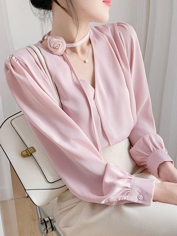 French Style Gentle Style Rose Hanging Neck Pink Shirt Women's Spring and Autumn Niche Chic V-neck Chiffon Top Instagram