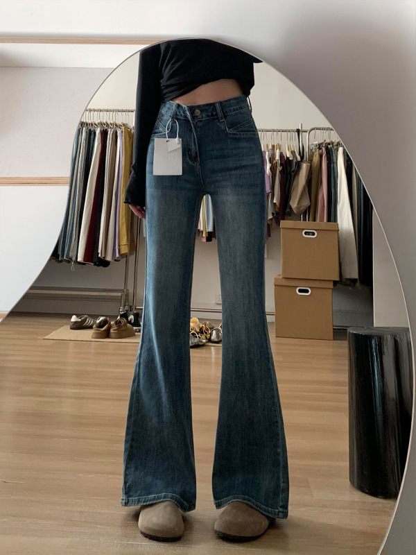 アメリカンレトロホットガールハイウエストマイクロフレアジーンズ女性用、ダメージ加工ストレッチストレートレッグスリム馬蹄パンツトレンディ|undefined