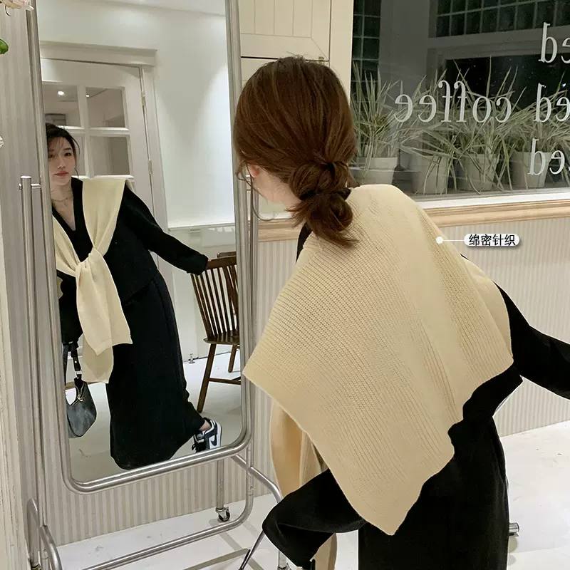 加大韩版ins纯色针织披肩女春夏百搭空调房护颈2023新款假领围巾