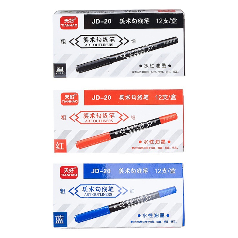 JD-20 arte pequeño tamaño marcador pluma doble cabeza espesor a base de agua marcador de tinta negro azul y rojo pincel de pintura