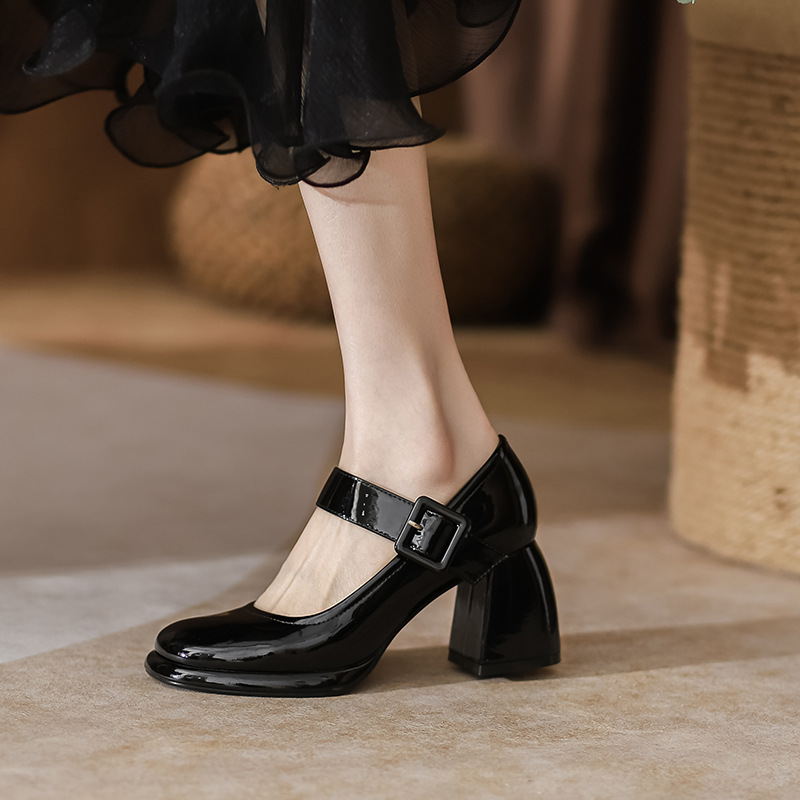 180-1 thick heel Mary Jane shoes women's 2023 spring new small square high heels temperament small leather shoes high grade