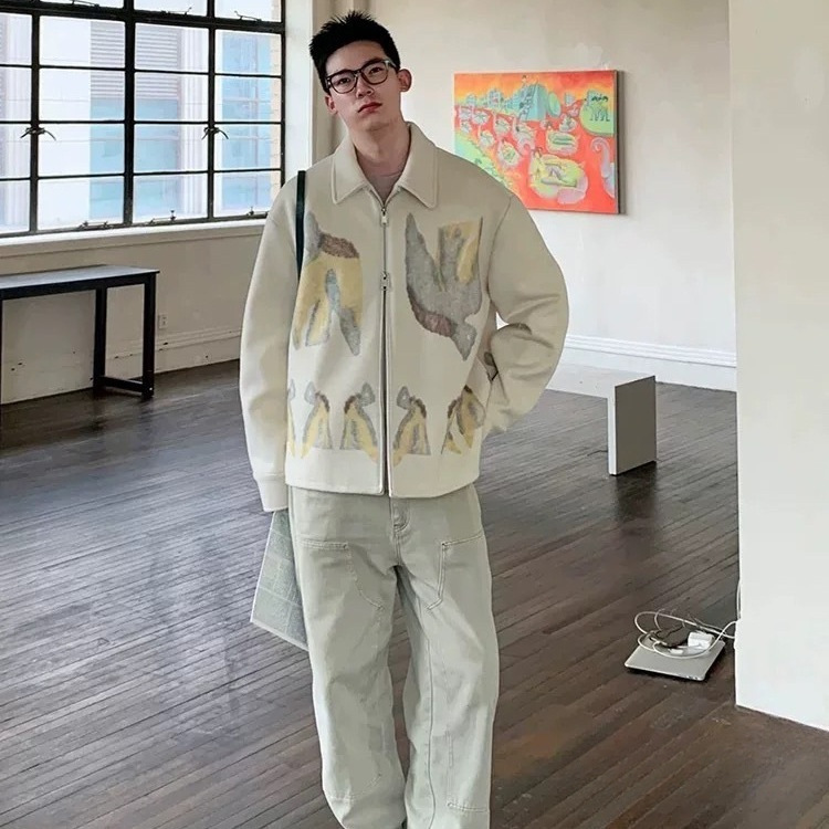 Men's Autumn and Winter Simple Retro Jacquard Wool Loose Coat Prince Thickened Lapel Windproof Jacket