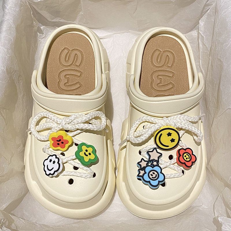 Thick-soled height-increasing cartoon smiley face shoelace hole shoes detachable insoles summer student outwear sandals women's shoes