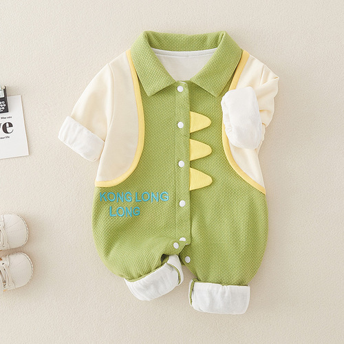 Spring New Baby Double Layer Bodysuit Class A Pure Cotton Newborn Clothes for Boys, Outgoing Crawling Suit