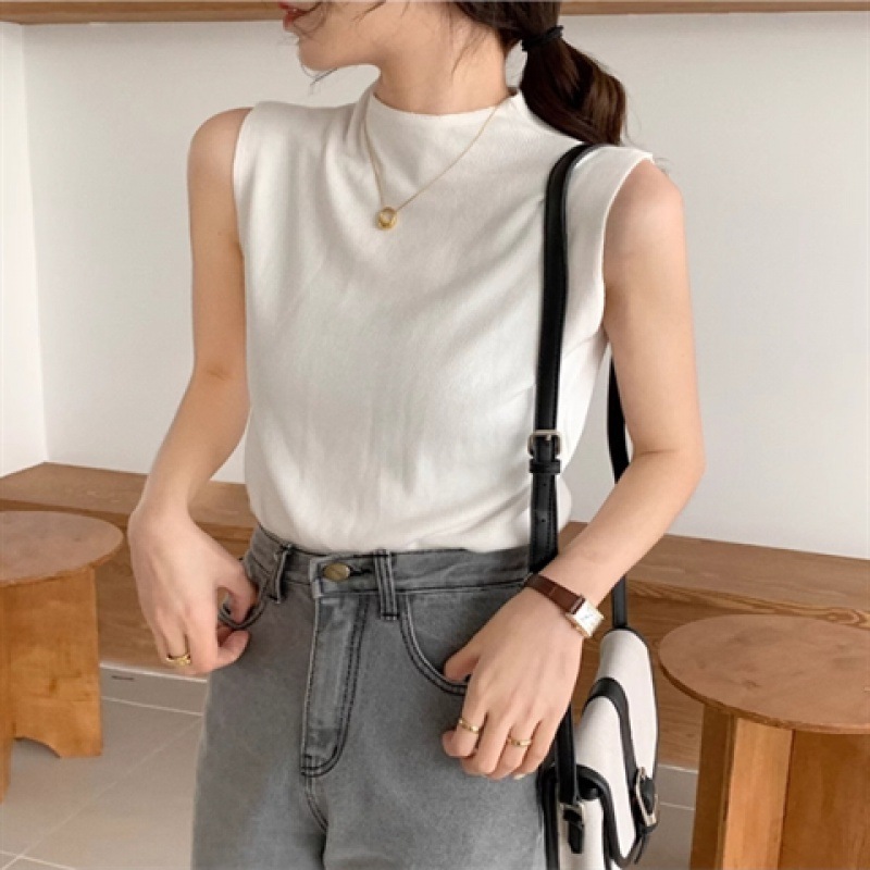 Korean-style Mock Collar Retro Sleeveless T-shirt Top Summer Knitted Camisole Women's Suit Professional Inner Base Korean-style Mock Collar Retro Sleeveless T-shirt Top Summer Knitted Camisole Women's Suit Professional Inner Base