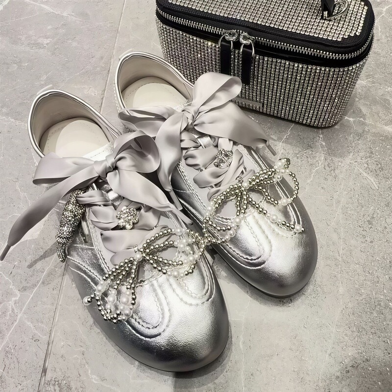 Cowhide Version~Silver Ballet-Style Training Shoes for Women with Pearl Bow Lace-Up Casual Sneakers with Hidden Height Increase, A-Gan Shoes Cowhide Version~Silver Ballet-Style Training Shoes for Women with Pearl Bow Lace-Up Casual Sneakers with Hidden Height Increase, A-Gan Shoes