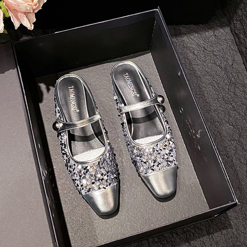 Dép mule sandal nữ bít mũi vuông quai ngang đính sequin lấp lánh, gót thấp 1–3 cm — Màu bạc, Màu đen