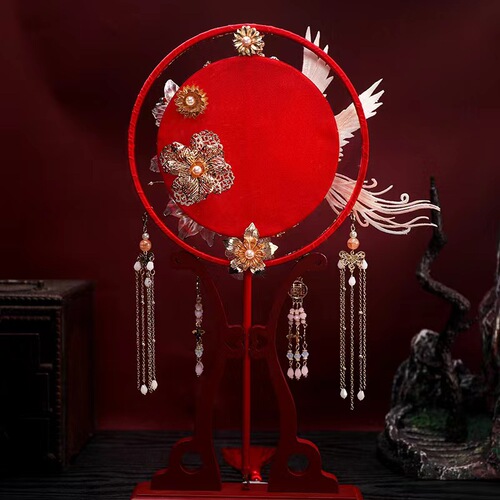 Round fan, ancient style bridal round fan, wedding finished round fan material, DIY Xiuhe fan wholesale