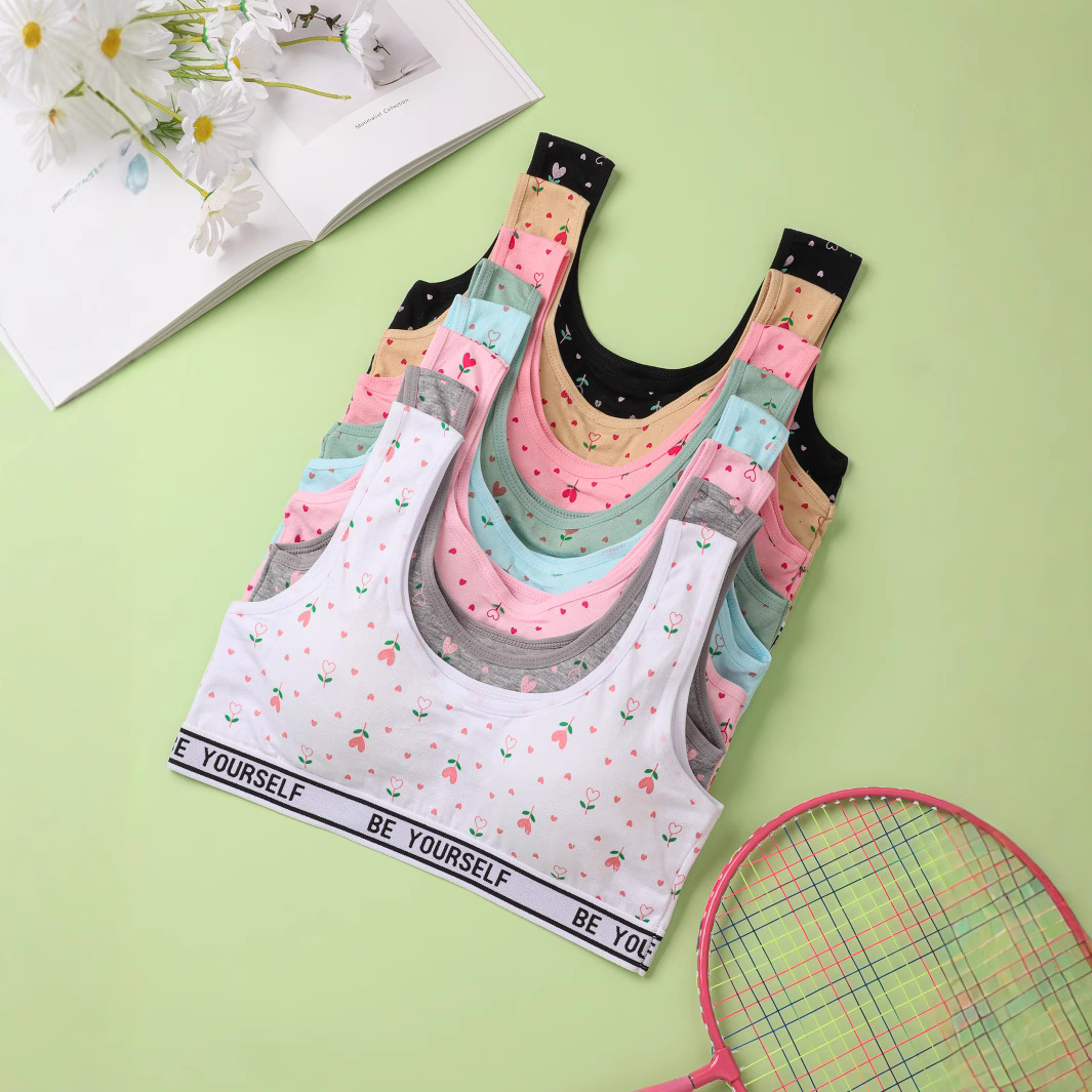 Impresión linda niña ropa interior niña período de desarrollo sujetador algodón deporte a prueba de golpes chaleco de copa fija traje de bragas