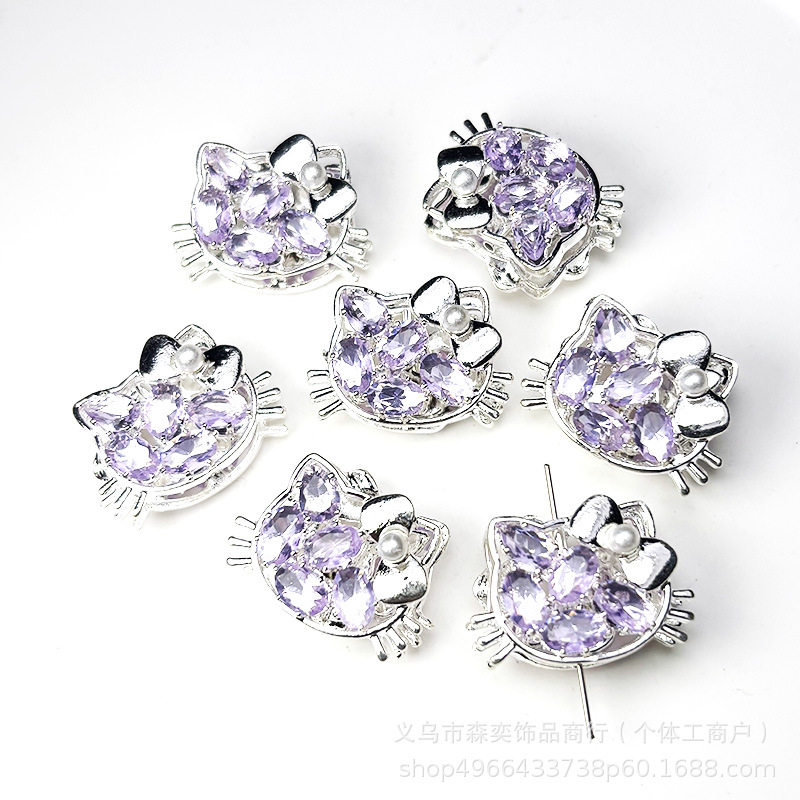 Sen Yi Jewelry Double-Sided Zircon-Inlaid Kt Cat Head Beads with Hole for DIY Straight Hole Beading Phone Chain Accessories