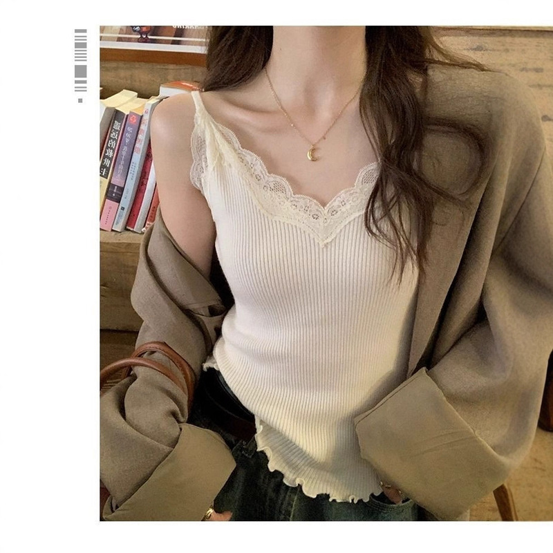 Lace Camisole Inner Vest for Women, New Summer Outerwear V-Neck Knitted Base Design with Pure Lace Trim Top