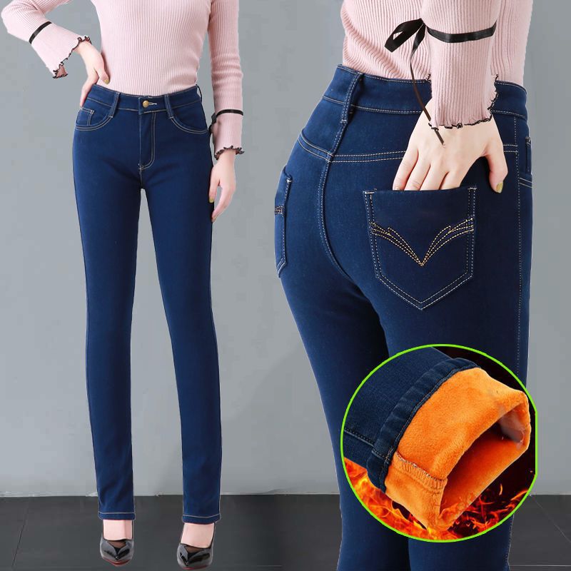 冬季天新款加绒加厚中年妈妈牛仔裤女高腰弹力宽松直筒大码保暖裤