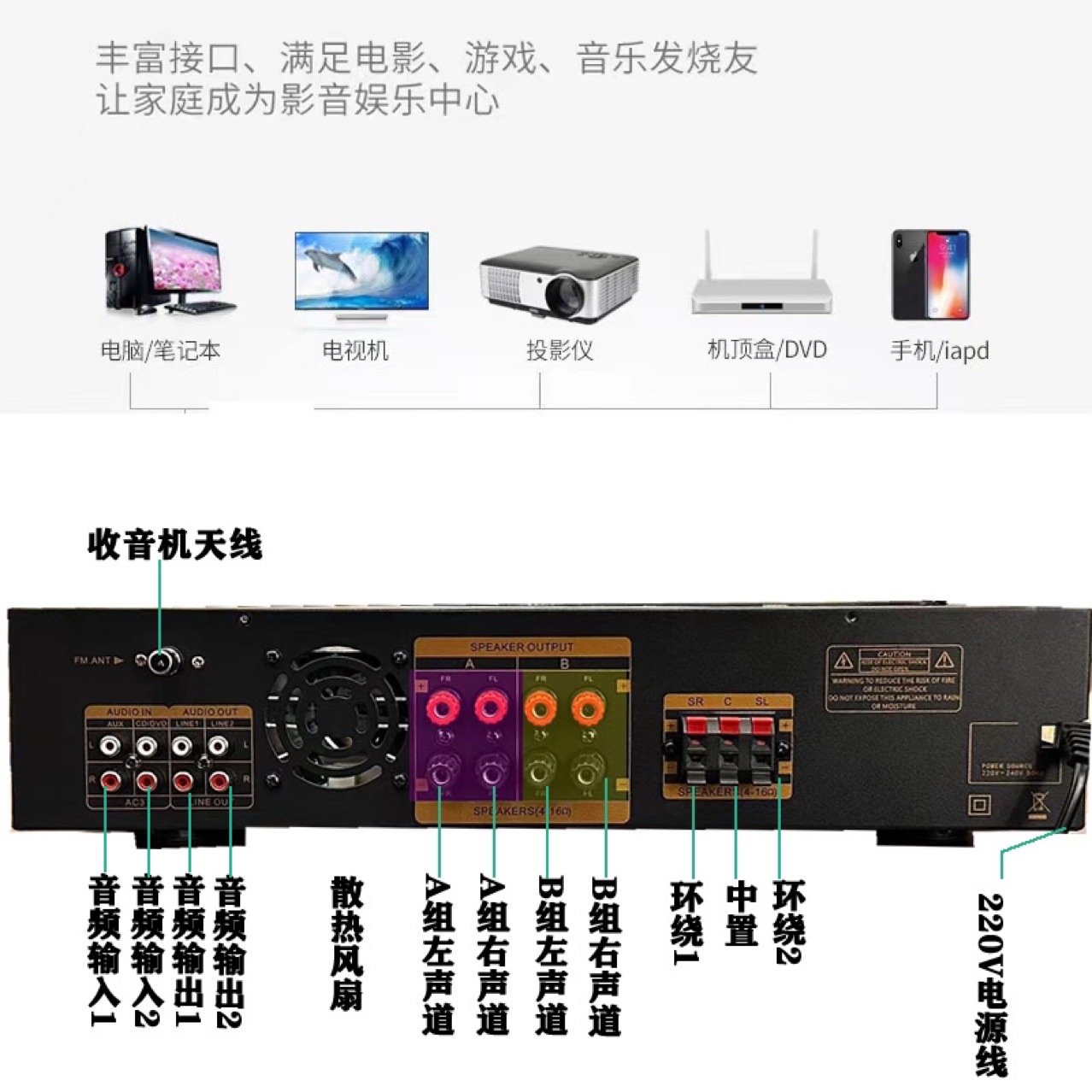 Starklok-av666bt 5-Channel Home Bluetooth amplificador de potencia de alta fidelidad amplificador de karaoke en casa