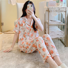 2024新款棉绸睡衣女夏季薄款卡通印花开衫短袖长裤套装家居服厂家