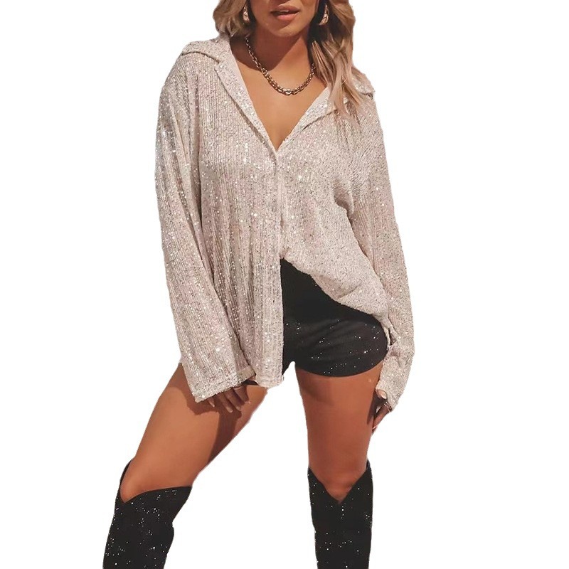 Camisa elegante informal de manga larga con lentejuelas y solapa, nueva moda de Amazon para ropa femenina transfronteriza europea y americana, otoño 2025