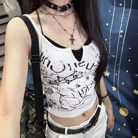 夏季女装新款Y2K辣妹纯欲性感欧美风复古印花露脐小吊带背心上衣