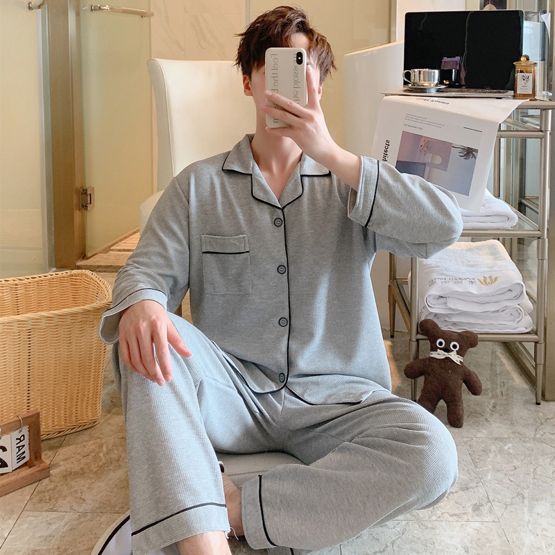 Pijama masculino primavera / otoño / invierno manga larga estilo coreano simple waffle juventud de mediana edad suelta hombre conjunto de ropa de hogar