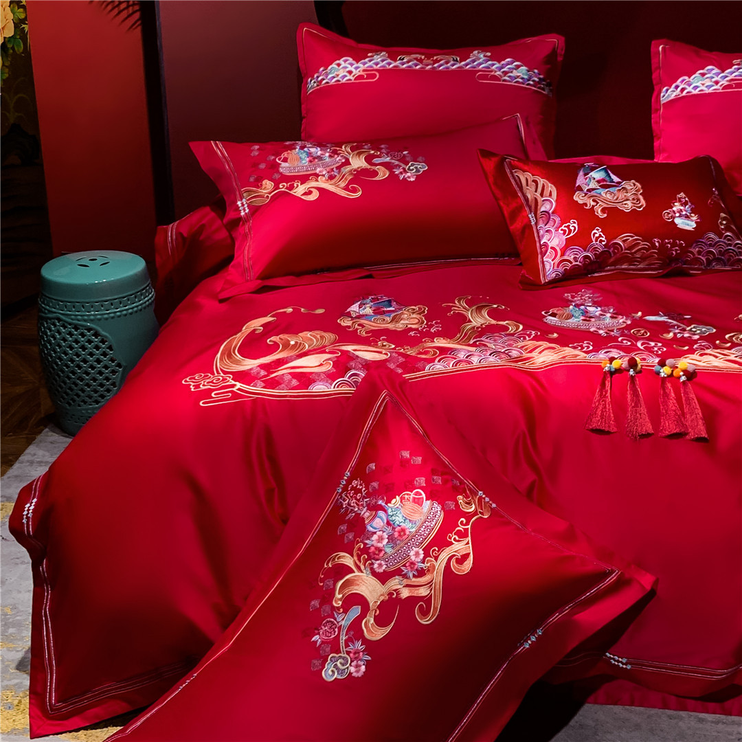 Wedding Red Gold And Jade Embroidery Bedding And Bedding High-end Pure Cotton Long-staple Cotton Four-piece Home Textile Set