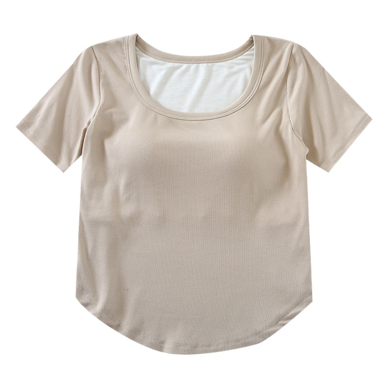 Waist-length Short-sleeved Curved Hem Crewneck T-shirt with Bra One-piece Slim-fit Underwear Women's Base Shirt with Chest Pad