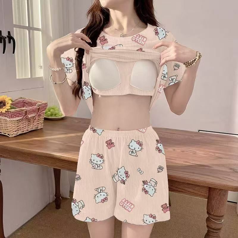 Pijamas al por mayor transfronterizos para mujer verano con almohadilla fija para el pecho casual de dibujos animados lindos pantalones cortos de manga corta ropa a domicilio de dos piezas