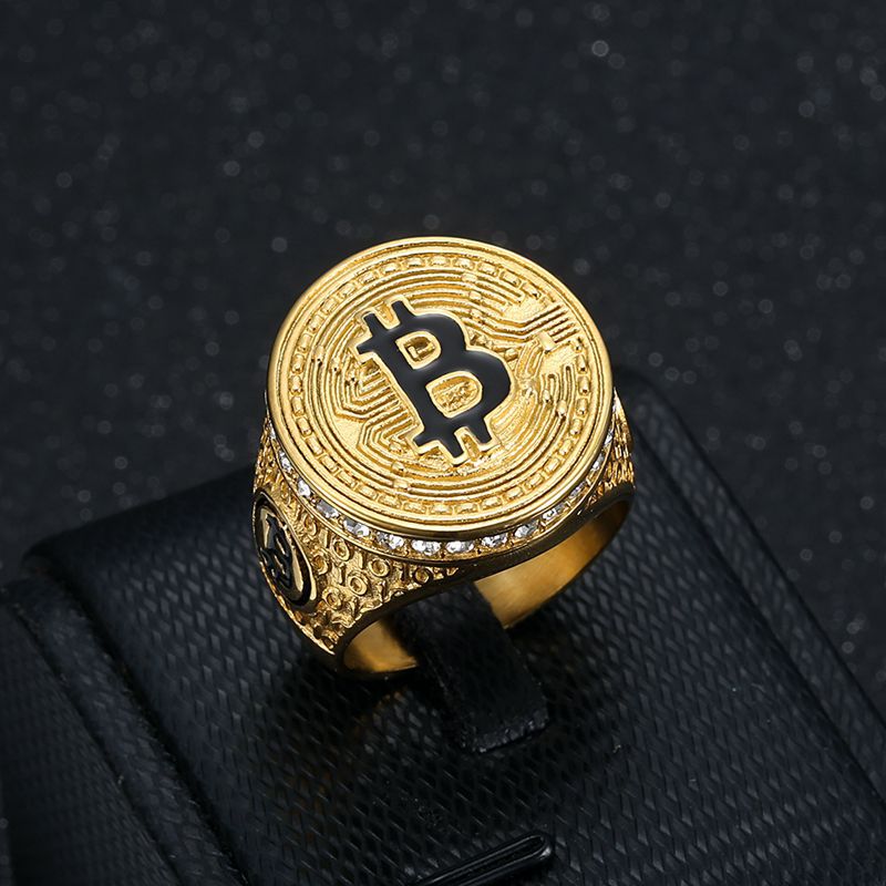 Men's Gold Plated B Letter Bitcoin Ring With Diamond Studded Design_voghion.com