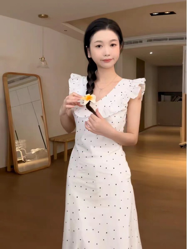 [Lining + Zipper] Double-Sided Wearable Ruffled Polka Dot Dress Women's Summer A-Line Skirt White Flying Sleeves Long