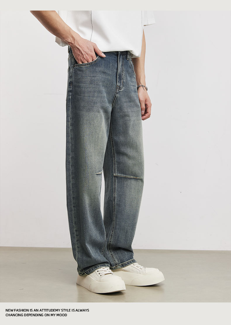 Quần jean nam ống rộng phong cách Mỹ cổ điển, hiệu ứng làm cũ, vải denim mềm mại — Màu xanh da trời chi tiết 11
