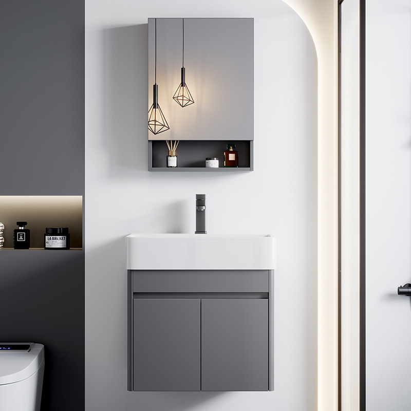 Combinación de gabinete de baño de aluminio de espacio pequeño apartamento de cerámica integrado lavabo de lavado de manos pequeño tamaño balcón lavabo esquina redondeada