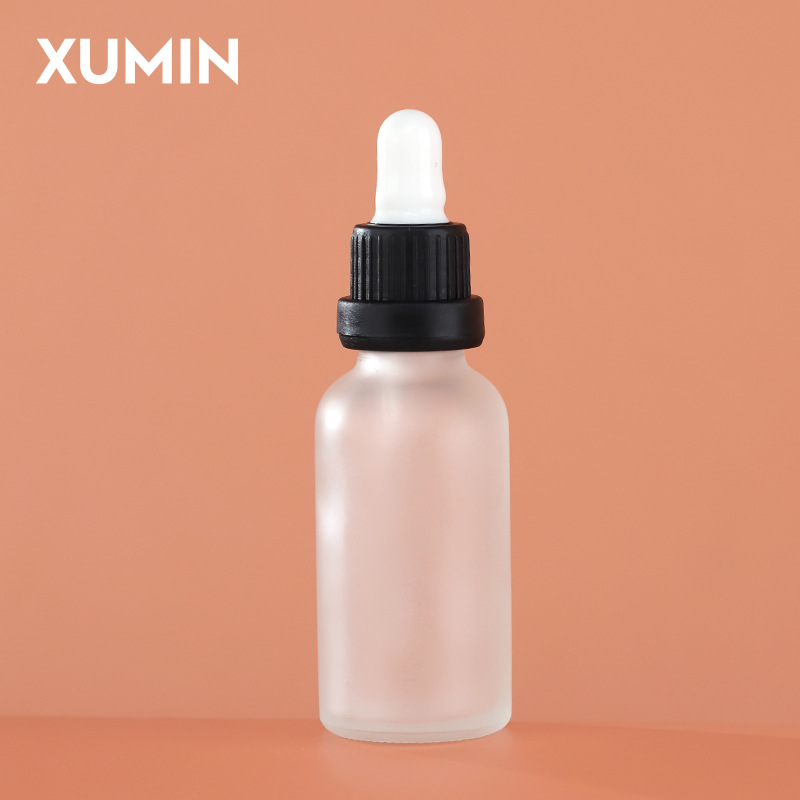 Embalaje cosmético botella de vidrio esmerizada botella de gotas líquidas de hombro redondo anillo de aluminio eléctrico botella de aceite esencial 30ml