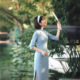 Fang Mo Language Women's Long Vertical Collar Cotton and Linen Seven-point Sleeve Cheongsam Dress Spring and Summer Mid-sleeve Ancient Elegant Women's Daily Cheongsam Dress
