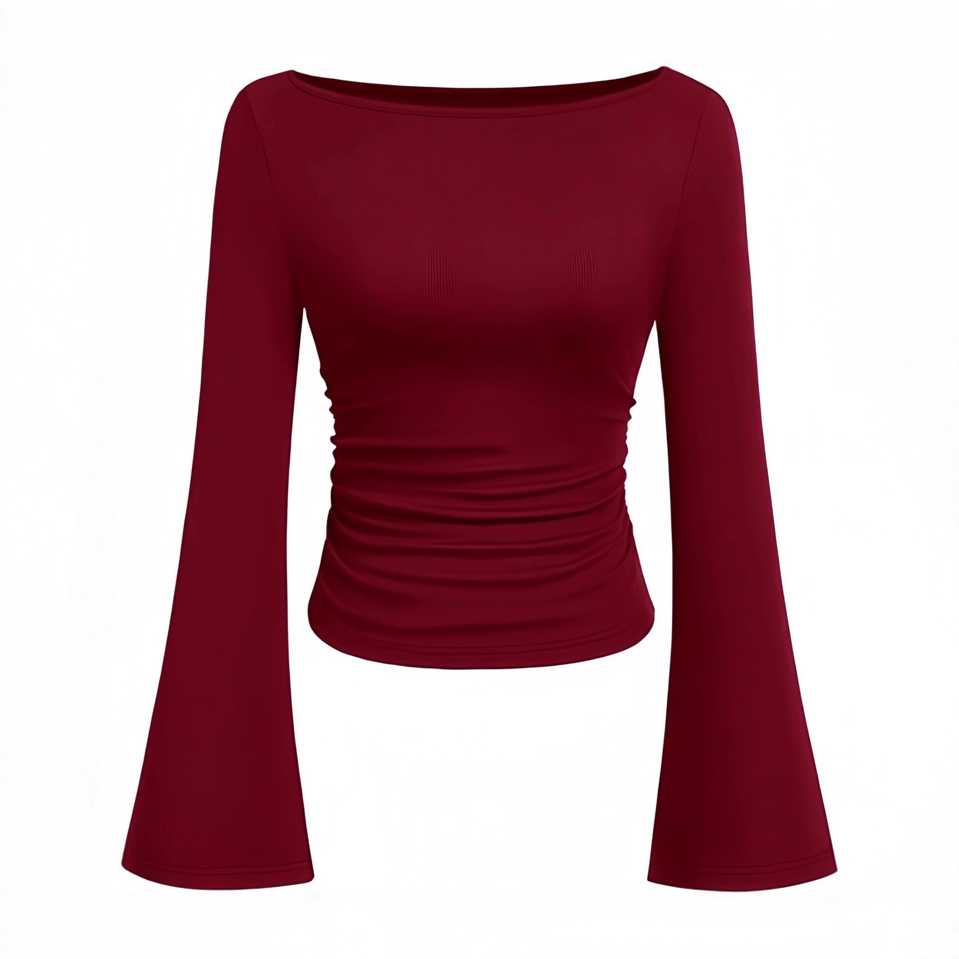 2025亚马逊跨境秋冬新款一字领百搭长袖t恤女装修身喇叭袖打底衫