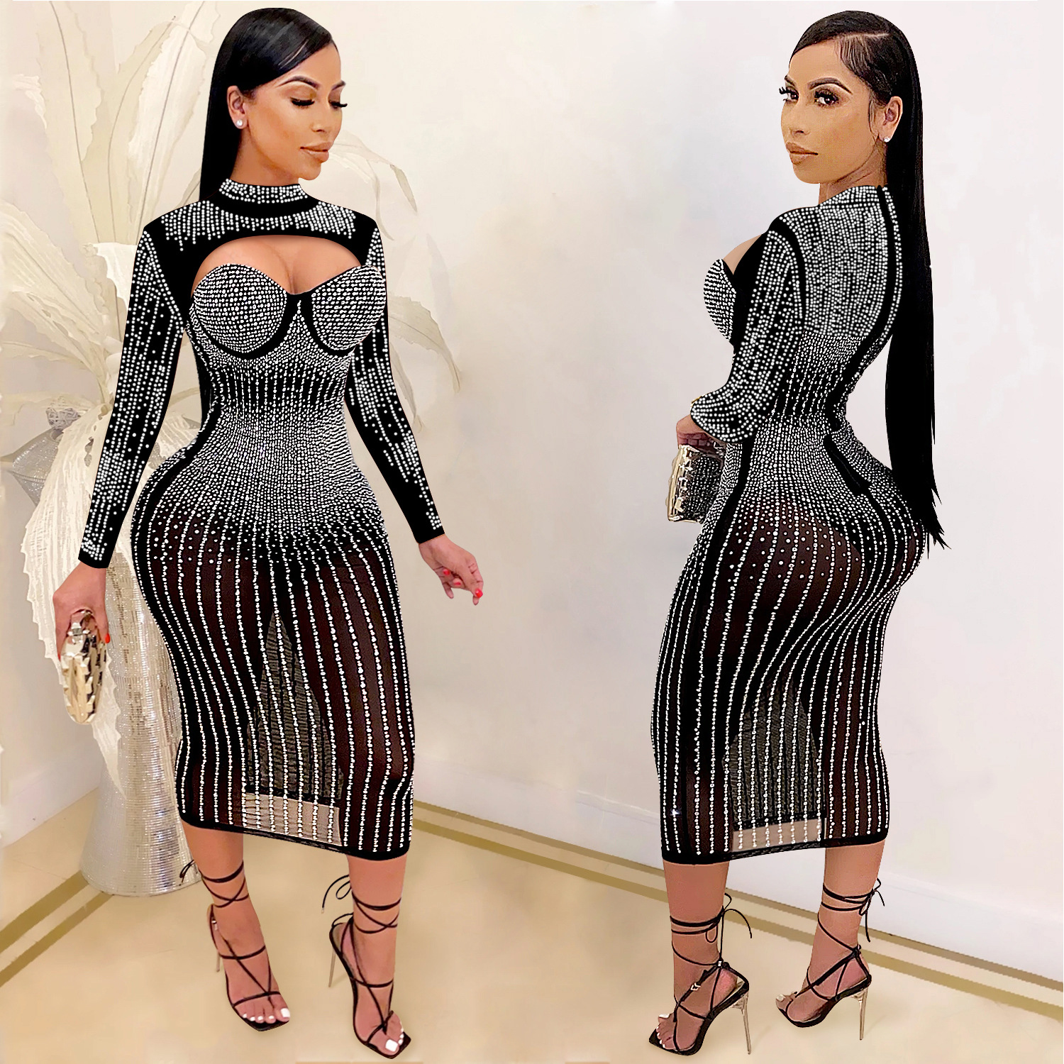 C5842 transfronteriza nueva moda europea y americana ropa de mujer fiesta discoteca malla perspectiva rhinestone diamante Correa vestido