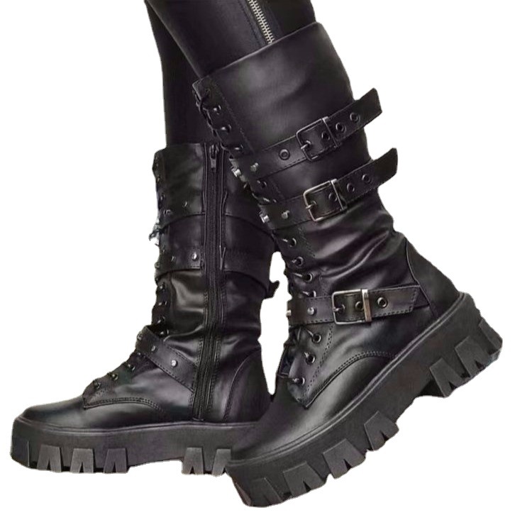 El Comercio exterior transfronteriza botas de cuero de las mujeres otoño Mediados de talón hebilla de cinturón británico estilo punk guapo largo Caballero botas estación independiente