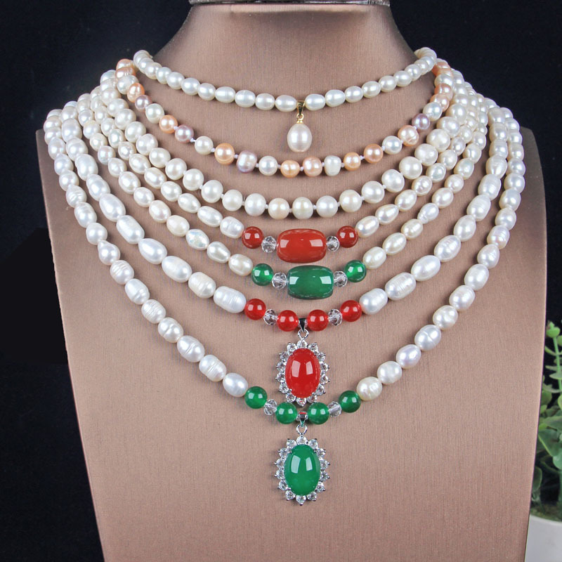 Natural pearl necklace Threaded freshwater pearl necklace with jade pendant mother chain Street stall model jade supply