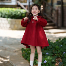 童装批发女童外套冬装新款儿童新年装尖尖帽呢料加绒加厚斗篷上衣