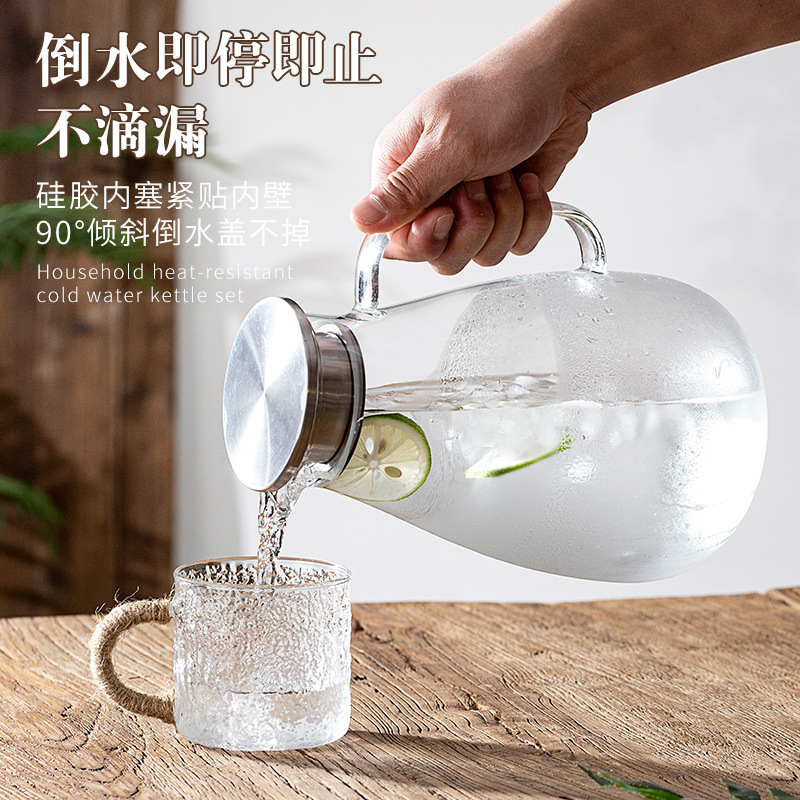 高温家庭用冷水ポット大容量ガラス冷水ポット冷水ティーポット白湯カップセット|undefined
