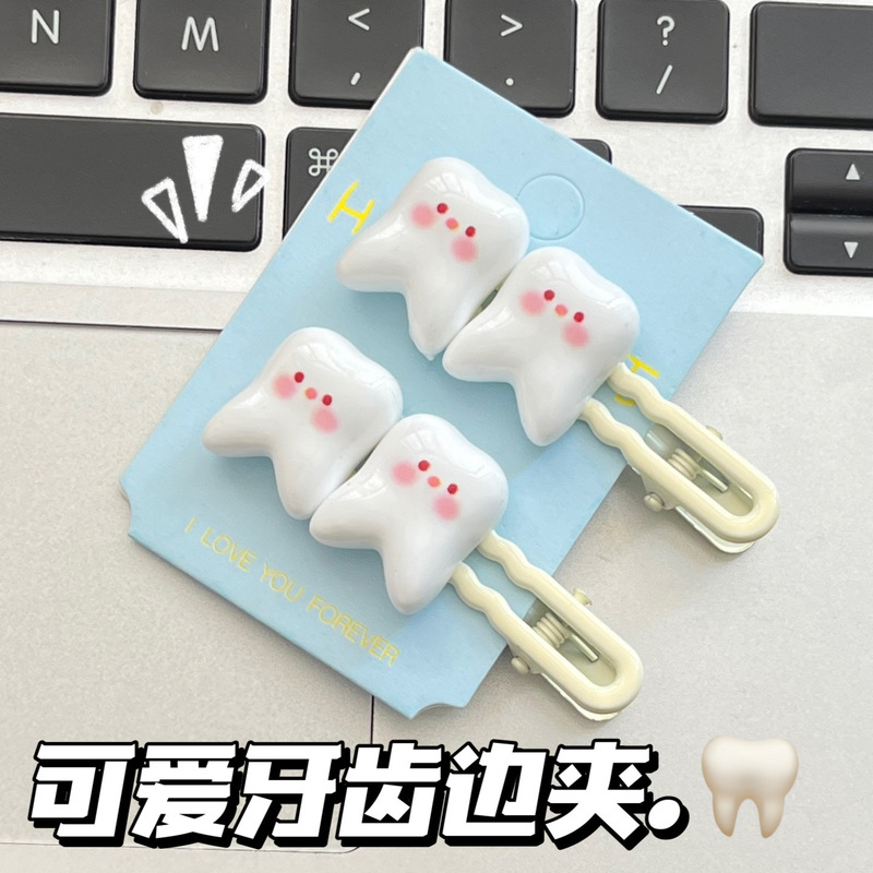 Cute double blush tooth side clip ins girl heart fun hairpin simulation cartoon tooth student hair accessories hairpin