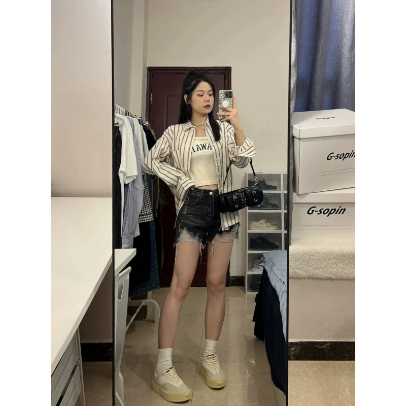 Полосатая солнцезащитная рубашка-куртка женская, лето 2024, новая свободная нишевая рубашка с французским верхом