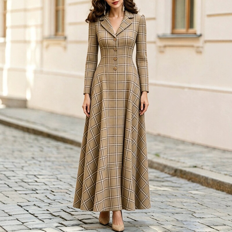 Retro plaid long-sleeve dress with a suit collar for women, waist-cinching, long hem, elegant, slimming, ankle-length, suitable for commuting Retro plaid long-sleeve dress with a suit collar for women, waist-cinching, long hem, elegant, slimming, ankle-length, suitable for commuting