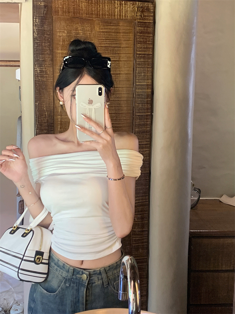 Ins 섹시한 순수한 욕망 오프 숄더 원 라인 칼라 반팔 티셔츠 여성 여름 슬리밍 핫 소녀 패션 바닥 탑 여성