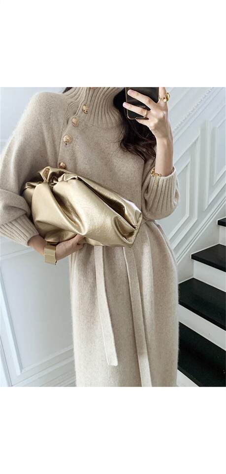 Đầm len dệt kim cổ cao dài tay thắt eo buộc dây dáng suông — Lạc đà [chất lượng cao], Màu be [chất lượng cao], Màu đen [chất lượng cao] chi tiết 9
