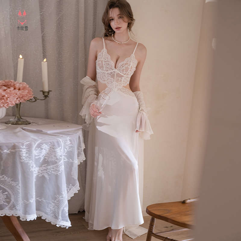 Sexy Nightgown Pure Desire Lace Strap Long Nightdress Women's French-Style Waist-Exposing Satin Set Morning Robe Loungewear 2320 Sexy Nightgown Pure Desire Lace Strap Long Nightdress Women's French-Style Waist-Exposing Satin Set Morning Robe Loungewear 2320