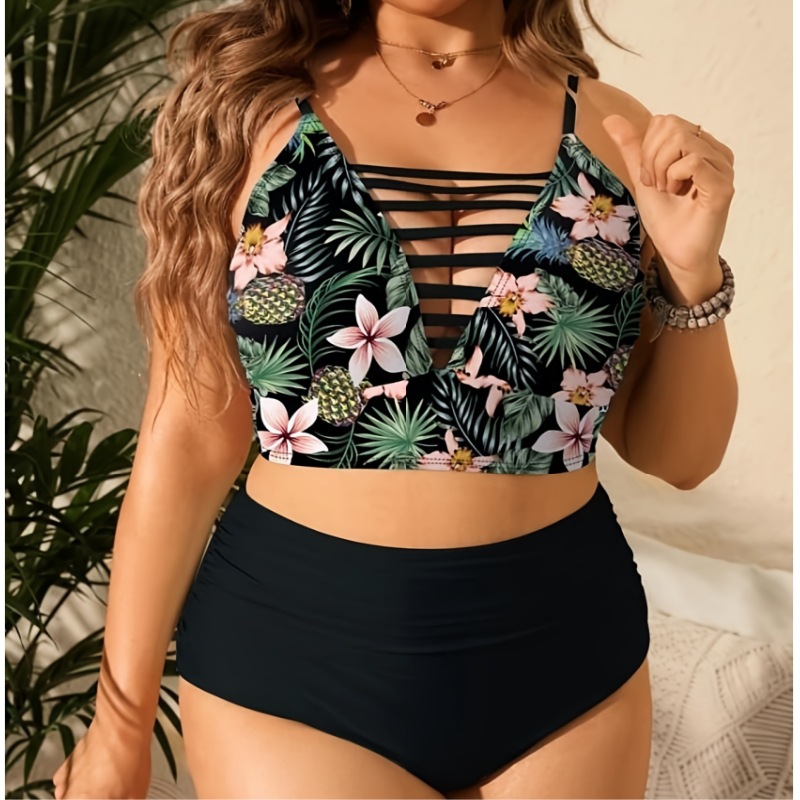 Traje de baño bikini europeo y americano de talla grande con estampado, de cintura alta y adelgazante para mujeres con curvas, venta directa de fábrica.