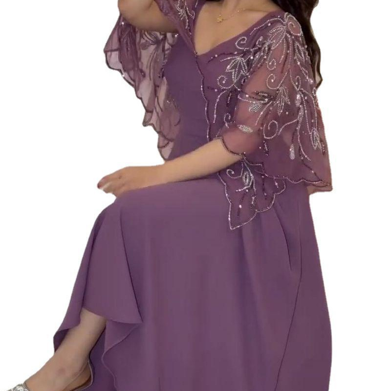 2023 primavera y verano nuevo comercio exterior transfronterizo Estación independiente de las mujeres eBay Medio Oriente chal bordado Un columpio V collar vestido de noche
